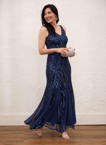 Sequin & Mesh Maxi Dress, Petro Blue 