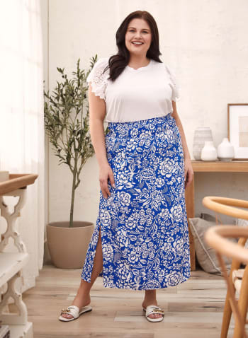 Floral Print Pull-On Skirt, Blue Pattern