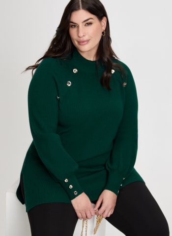 Button Detail Tunic Sweater, Green Envy