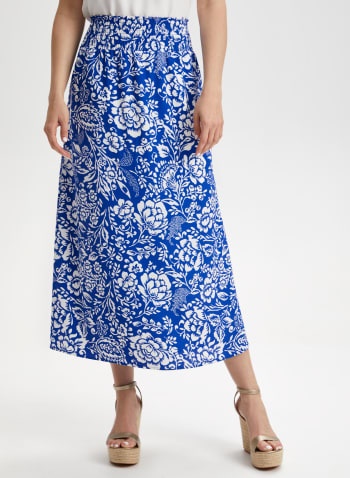 Floral Smocked Pull-On Skirt, Blue Pattern