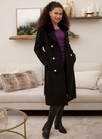 Stretch Wool Blend Trench Coat, Black
