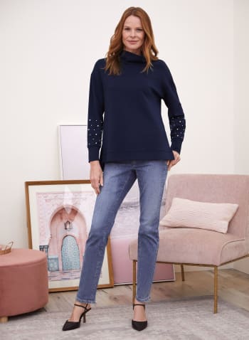 Pearl Detail Funnel Neck Tunic, Blue