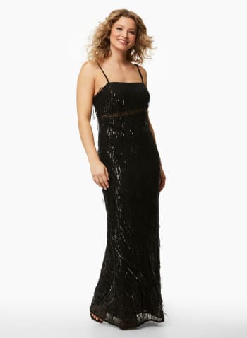 Fringe Detail Sequin Dress, Black