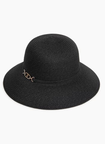 Chain Detail Straw Cloche Hat, Black