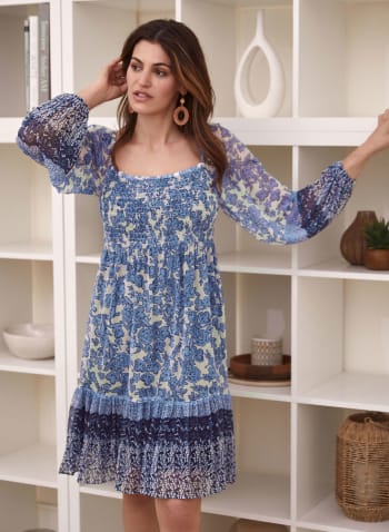 Floral Print Babydoll Dress, Persian Blue
