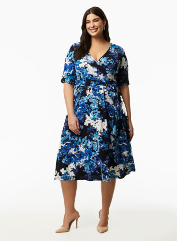Floral Print Tie Detail Midi Dress, Blue Pattern