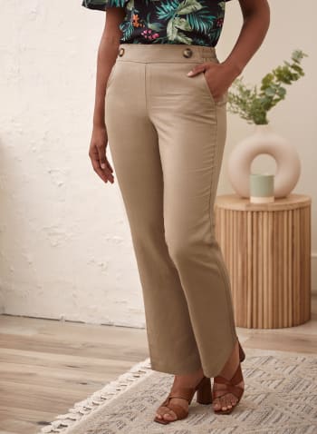 Button Detail Straight Leg Pull-On Pants, Beige
