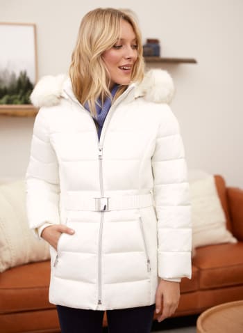 Manteau à capuche en fausse fourrure et ceinture, Blanc