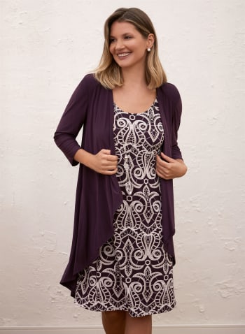 Brocade Print Dress & Jacket Set, Purple