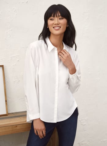 High-Low Button-Down Blouse, Off White
