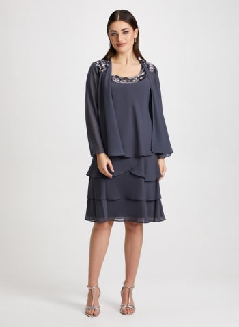 Sequin Trim Chiffon Dress & Jacket Set, Grey