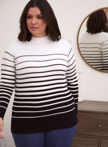 Button Detail Stripe Print Sweater, White Pattern