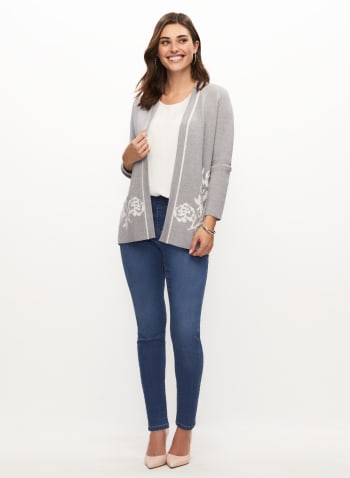 Floral Pattern Open Front Cardigan, Grey Pattern