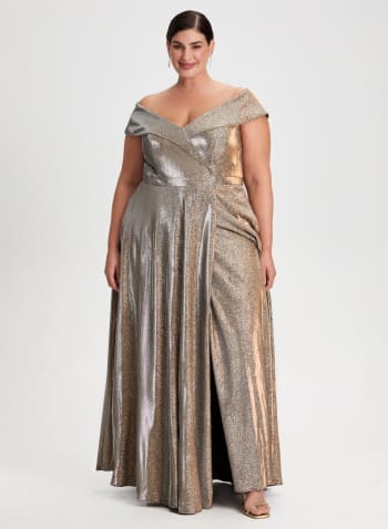 Bardot Neck Shimmer Detail Dress, Rust