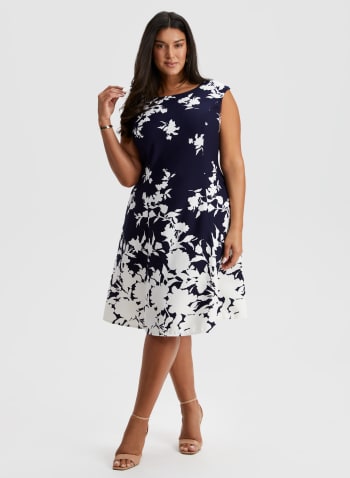 Floral Print Fit & Flare Dress, Navy & White