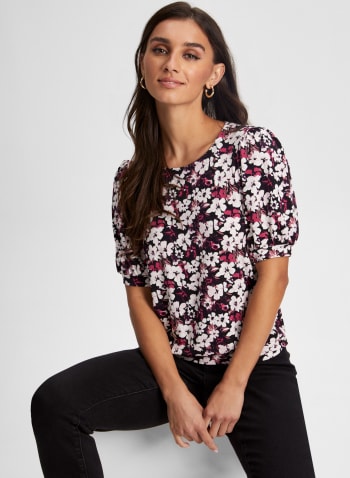 Floral Print Puff Sleeve Top, Multicolour