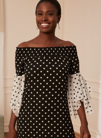 Polka Dot Off Shoulder Dress, Black Pattern