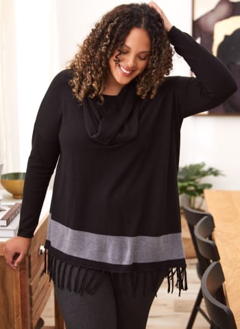 Asymmetric Fringe Detail Sweater, Black Pattern