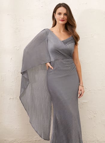 Metallic Plisse Asymmetric Cape Dress, Silver