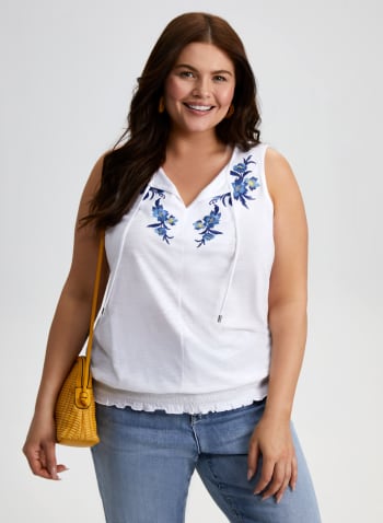 Floral Embroidered Smocked Top, White
