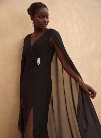 Faux Wrap Cape Dress, Black