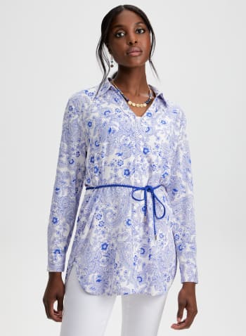 Floral Paisley Print Button-Up Tunic, White Pattern