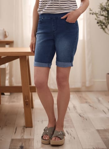 Pull-On Denim Shorts, Indigo Blue
