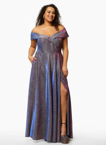 Off-the-Shoulder Glitter Ball Gown, Purple