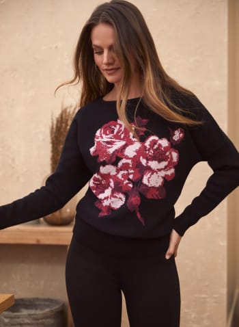 Dolman Sleeve Floral Print Sweater, Black Pattern