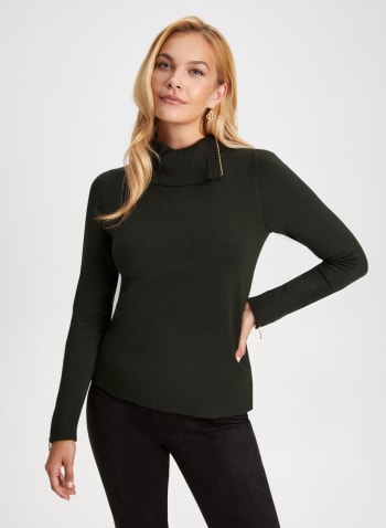 Zippered Split Neck Sweater, Forest Green