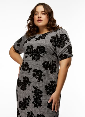 Puff Sleeve Floral Print Dress, Black & White