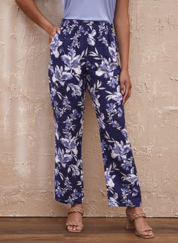 Floral Print Pull-On Pants, Blue