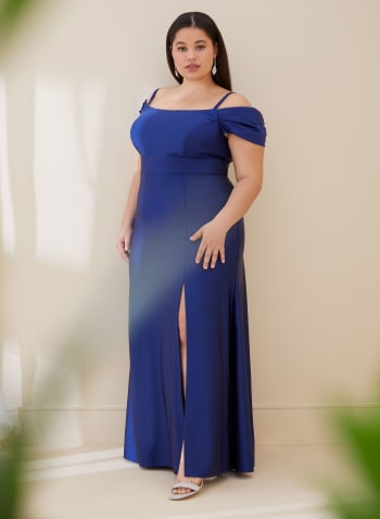 Satin Off-the-Shoulder Dress, Blue