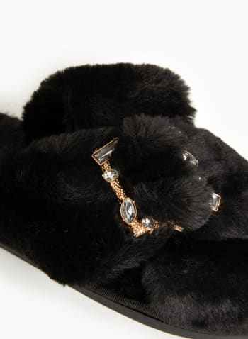 Faceted Stone Buckle Slippers, Black