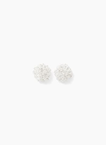 Crystal Cluster Button Earrings, Silver
