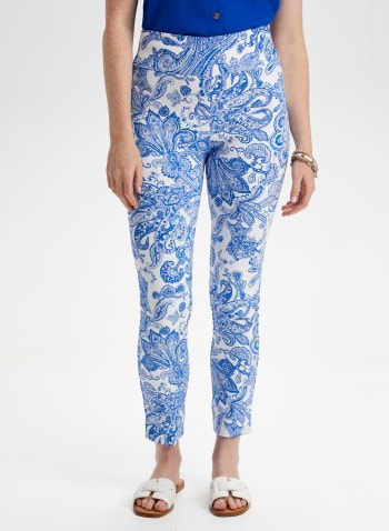 Paisley Print Slim Leg Pants, White Pattern
