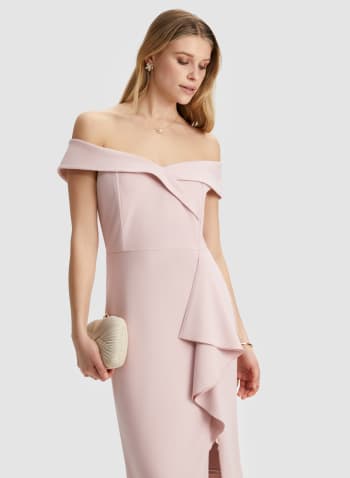 Bardot Neck Ruffle Detail Dress, Potpourri Pink