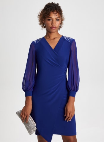 Shoulder Embellished Wrap Style Dress, Cool Blue