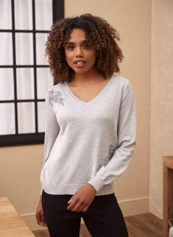 Floral Embroidery Sweater, Light Grey Mix