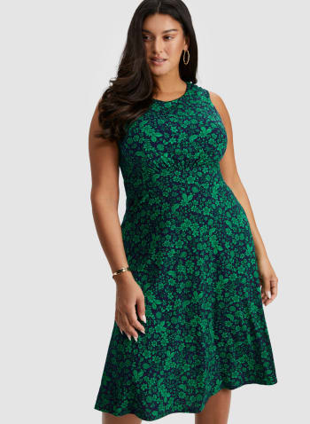 Floral Print Midi Dress, Green Pattern