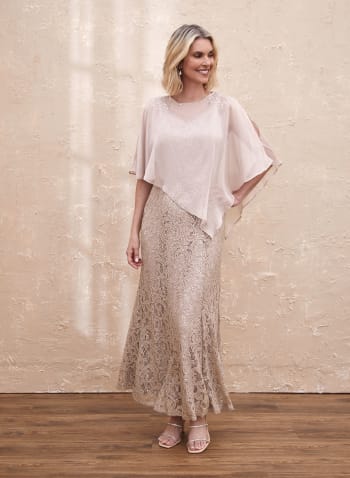 Sequined Lace Removable Poncho Dress, Oatmeal Mix