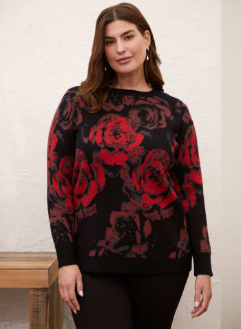 Rose Print Crewneck Sweater, Red