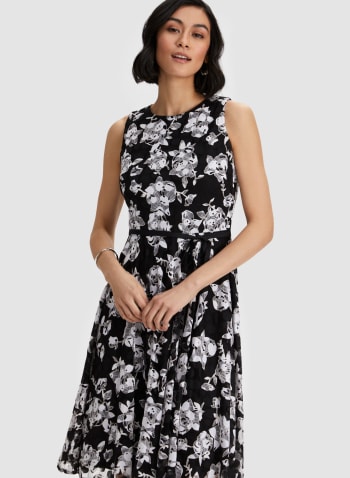 Floral Print Ribbon Belt Dress, Black & White