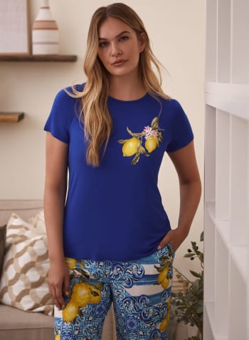 Haut de pyjama à imprimé de citrons, Bleu de Méditerranée