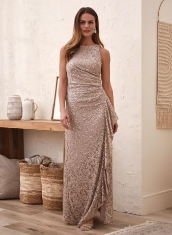 Sequined Lace Maxi Dress, Beige
