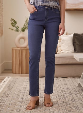 Rhinestone Detail Straight Leg Jeans, Indigo Blue
