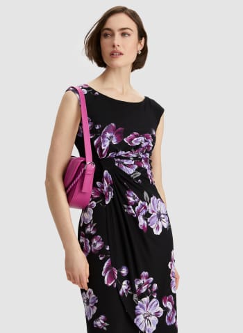 Floral Print Faux Wrap Dress, Black Pattern