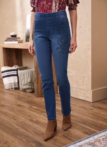Rhinestone Detail Pull-On Jeans, Indigo Blue