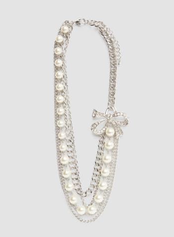 Collier à chaînes, perles et nœud en cristal, Blanc perle