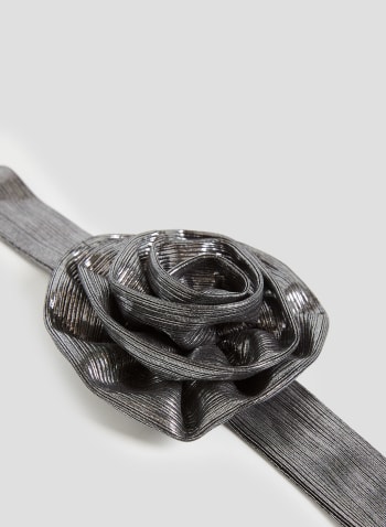 Metallic Rosette Tie Belt, Silver
